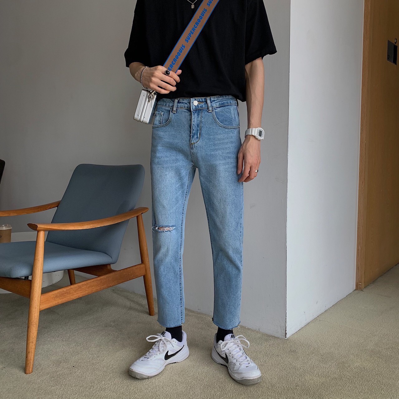 [Hoàn Tiền 15%] Quần Baggy Jean Xanh Rách Gối Nam Nữ Unisex