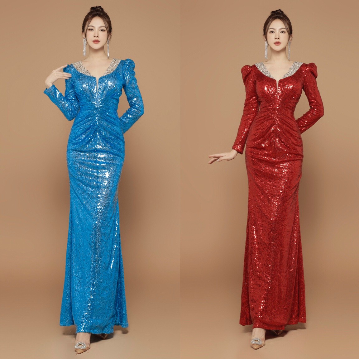 Đầm kim sa tay dài nhún nhún eo - yb221238