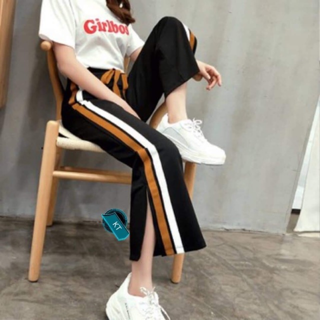 [HCM]Quần nữ ống rộng xẻ tà sọc nâu trắng cá tính