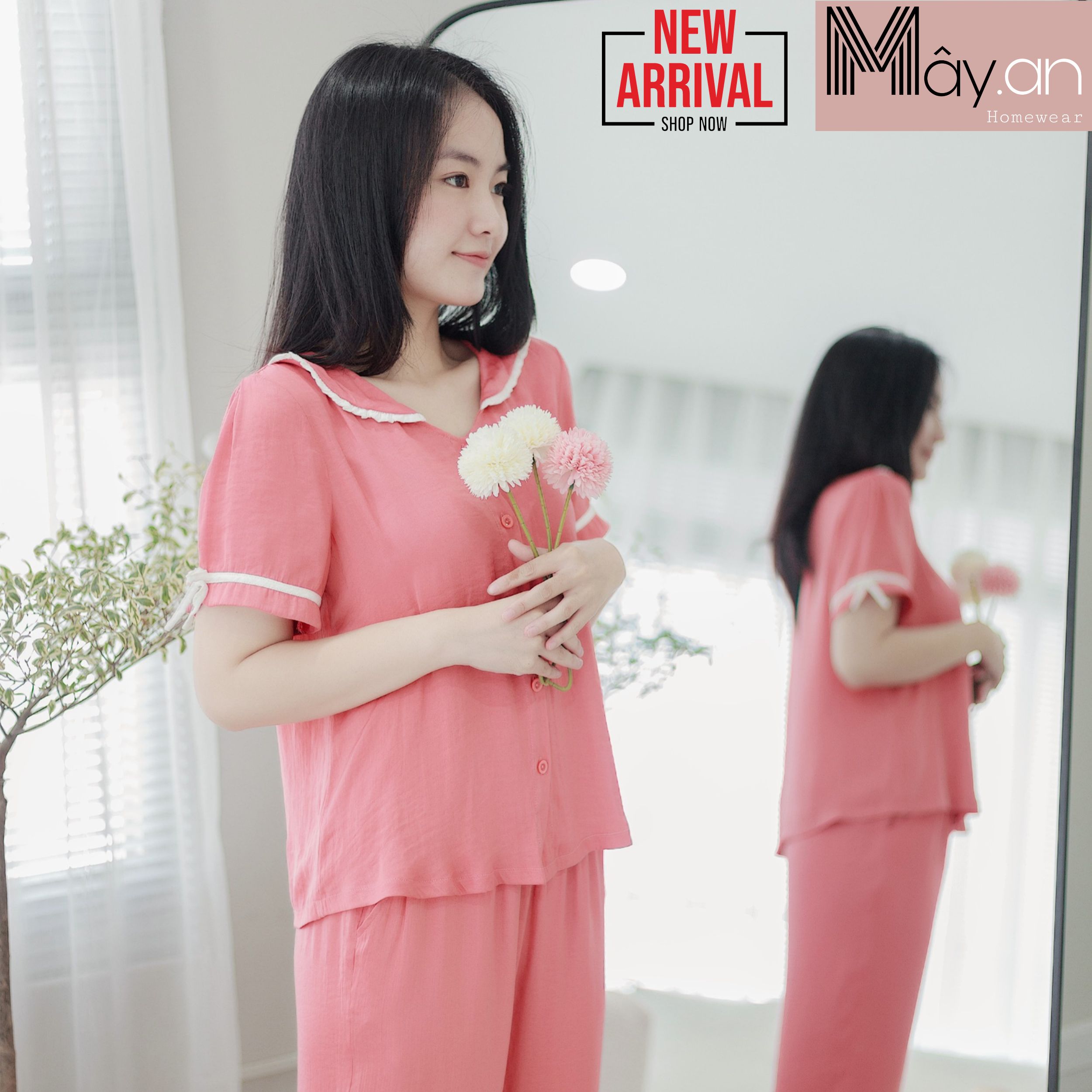 Đồ mặc nhà Mây áo lụa lạnh Hàn cổ sen viền trắng họa tiết hoa nhí quần dài