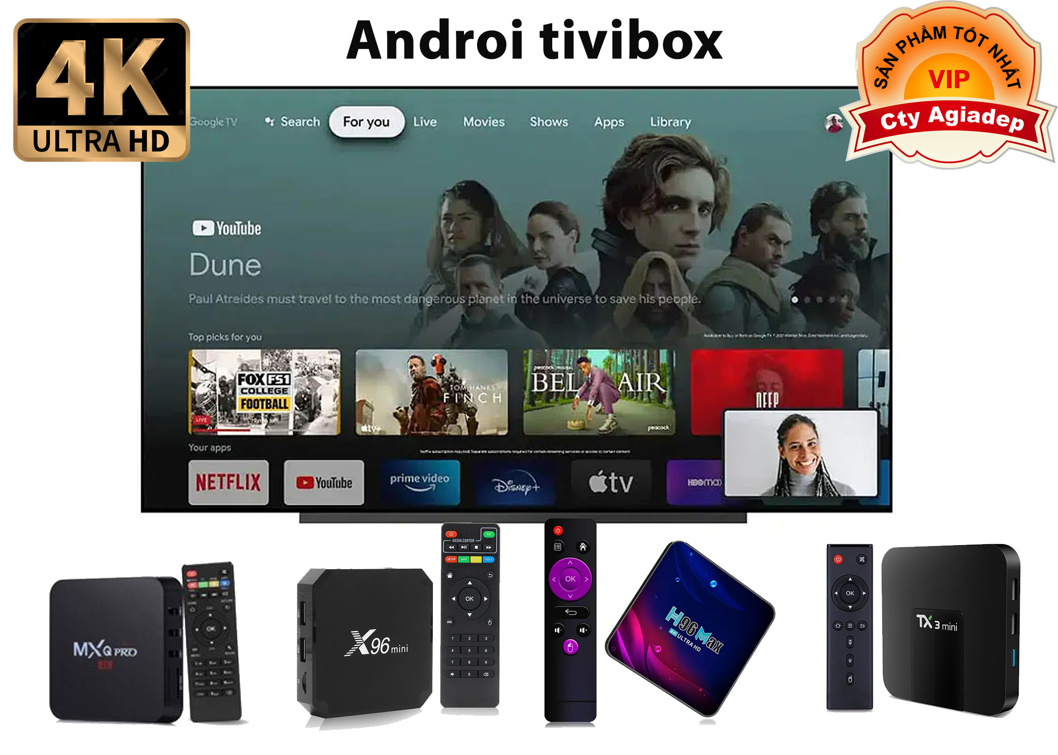 Androi tivibox 4K Untra HD Ram 2GB + Remote điều khiển giọng nói Voice Seach Mạnh mẽ, bền bỉ kết nối mọi tivi