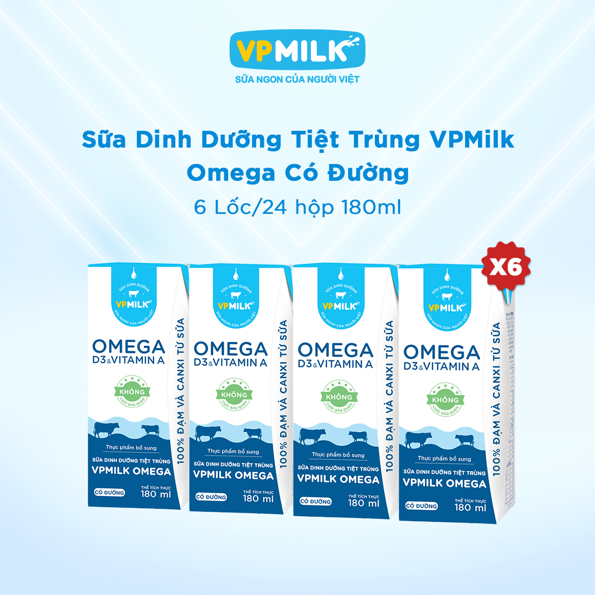 [6 lốc 180ml] Sữa Dinh Dưỡng Tiệt Trùng VPMilk Omega CÓ ĐƯỜNG dạng hộp 180ml cho bé trên 1 tuổi (4 hộp x 6)