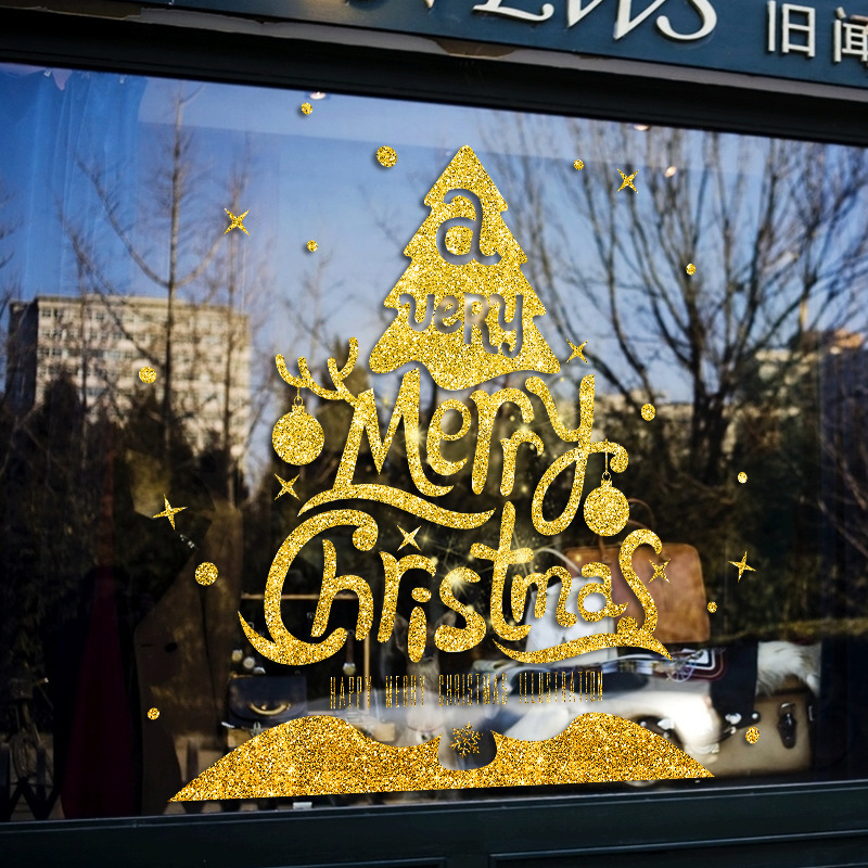 (Mẫu 38) Loại nhũ kim tuyến ánh vàng,Decal trang trí noel, hình dán trang trí noel, hình dán trang trí giáng sinh ông già noel, người tuyết, cây thông kèm chữ chúc mừng 2022 cho cửa kính lớn