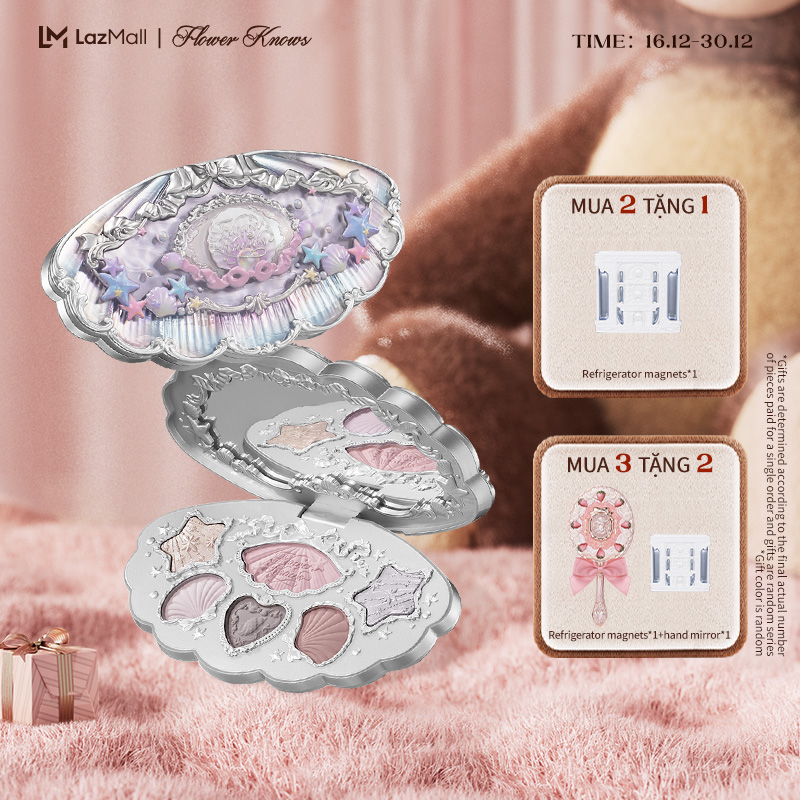  Flower Knows Shell's Jewel Collection Phấn mắt 6 màu makeup Tông hồng phấn,kiểu khói  smoky ,phù hợp dùng hàng ngày 