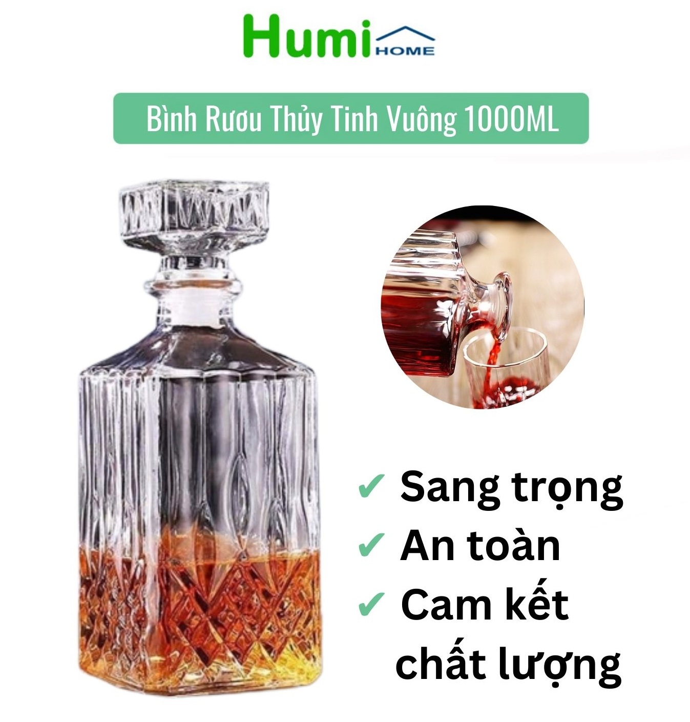 Bình rượu thủy tinh vuông 1000ml, chai rượu đẹp giá rẻ sang trọng