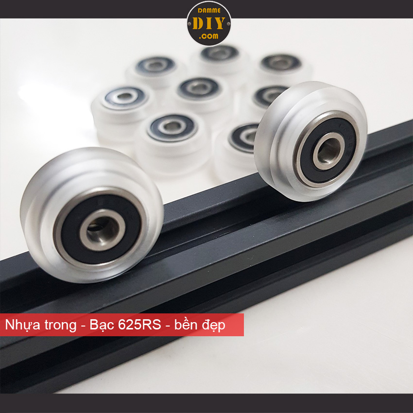 Bánh xe Vslot D24 nhựa POM trắng trong bạc đạn 625RS chịu lực độ chính xác cao, dùng trong hệ thống chuyển động máy in 3d, máy khắc laser