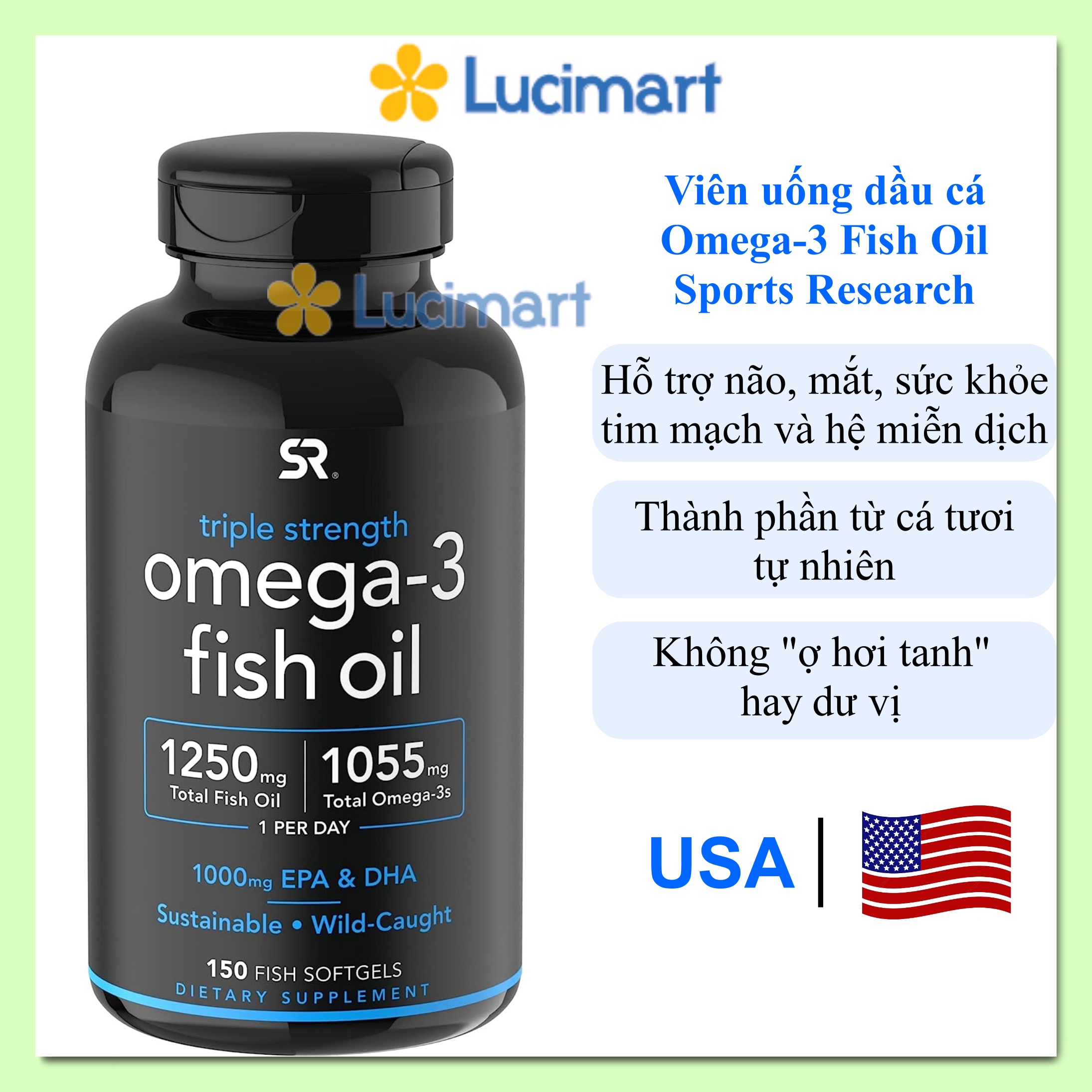 Viên uống dầu cá Omega-3 Fish Oil Triple Strength Sports Research hũ 150