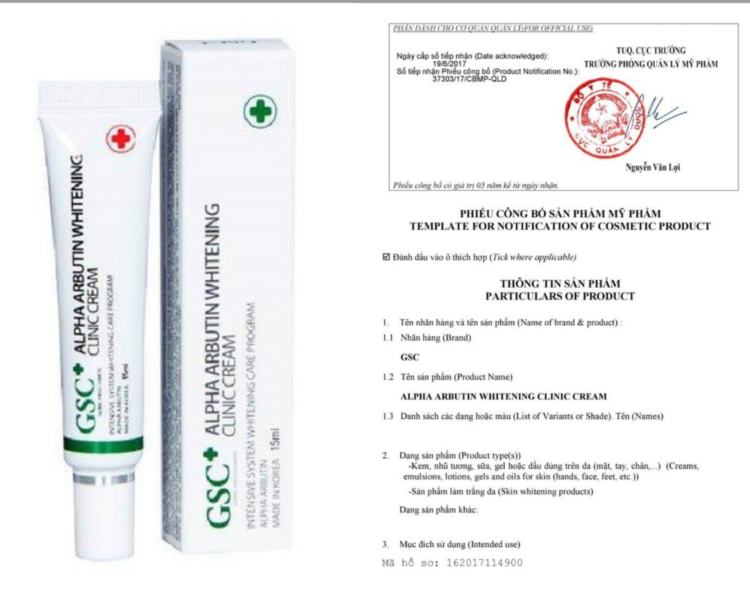 [Chính hãng] Kem dưỡng trắng, hỗ trợ trị nám, thâm, tàn nhang gsc Alpha arbutin whitening cream 15ml