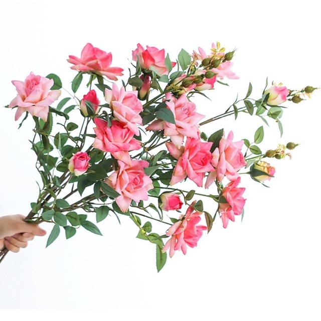 Một cành hoa hồng Kim Cương 3 hoa 2 nụ đẹp sang trọng- Hoa lụa