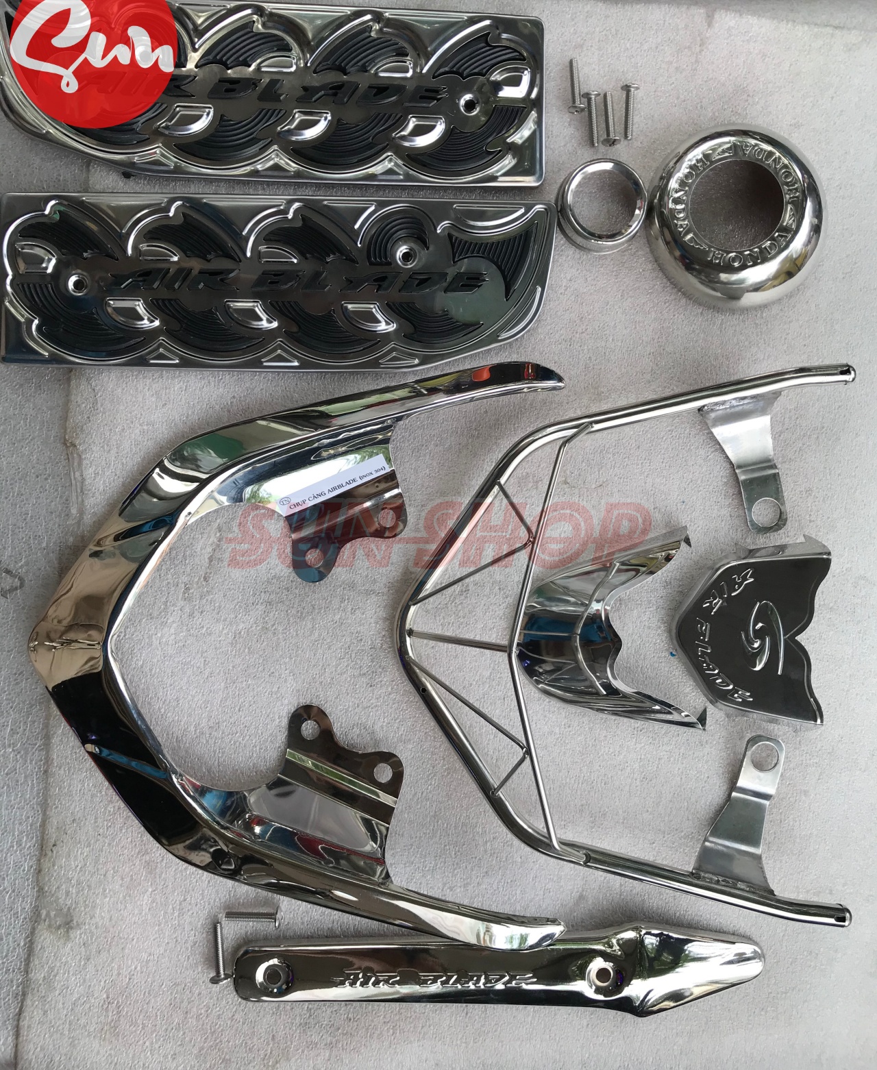 SET 6 MÓN INOX AIR BLADE 2008 - 2010 ( ỐP CẢNG, GÁC CHÂN HC, CHỤP PÔ, MỦI TÊN, MỎ DÈ, B. VỆ LÁI)