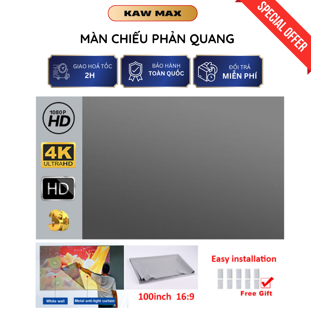 màn chiếu treo tường, màn chiếu tương phản cao Màn chiếu vải dành cho tất cả các máy chiếu 100 inch, 120inch dễ dàng gấp gọn, không bị nhăn, đã kèm móc treo