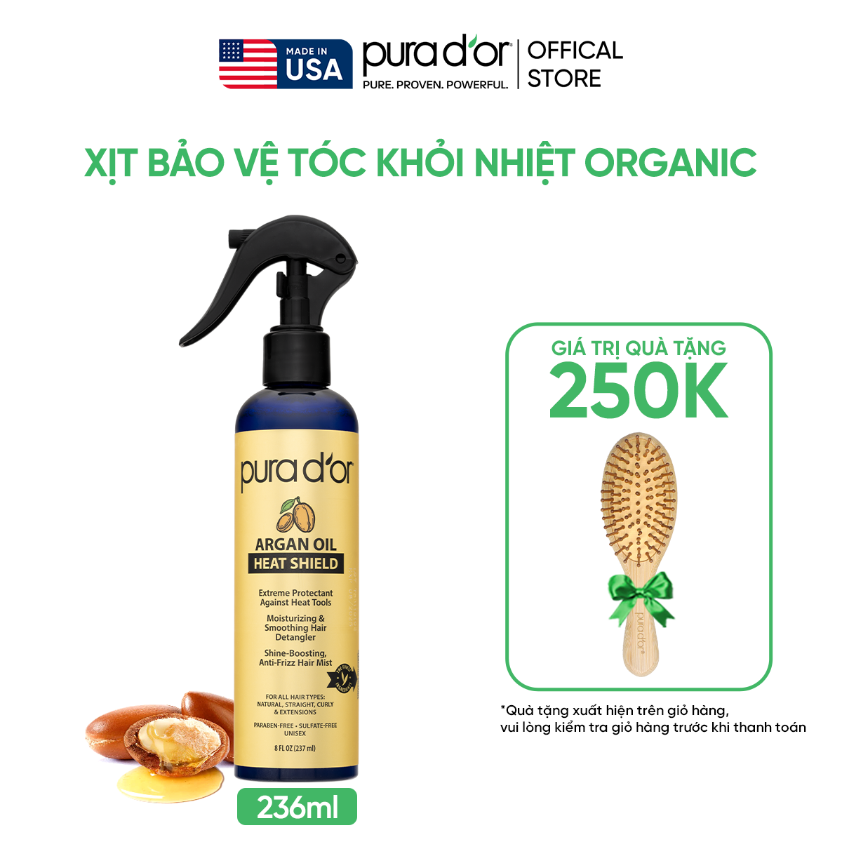 Xịt Dưỡng Tóc Argan Oil Heat Shield 236ML Organic - Bảo Vệ Tóc Khỏi Nhiệt, Ngăn Rụng Tóc, Giữ Nếp Tóc Mềm PURA DOR