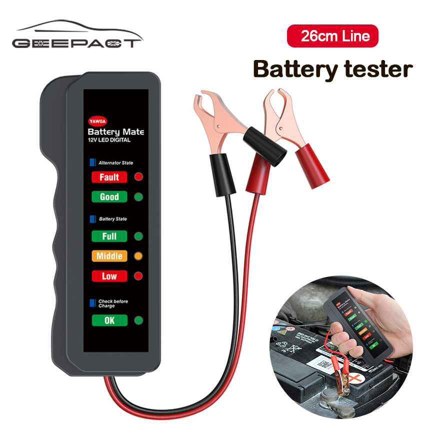 Geepact Car Battery Tester Auto Checker Alternator 12V 6LED Lights Display for Car Vehicle Motorcycle Test Battery Condition Alternator Charging battery and alternator tester battery checker tester