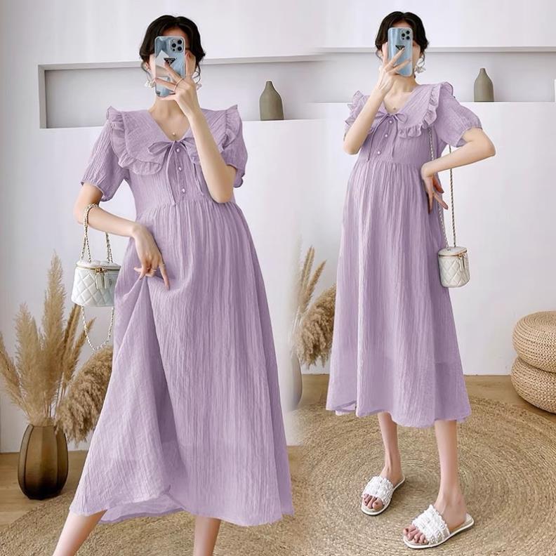 Váy bầu đũi, đầm bầu cổ v màu tím pastel