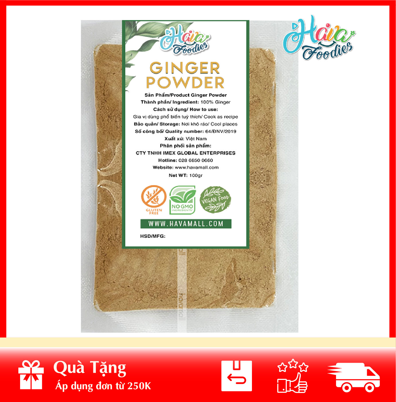 [ HÀNG CÔNG TY NHẬP KHẨU ] Bột Gừng Thương Hiệu Hava Foodies Gói 100g – Ginger Power