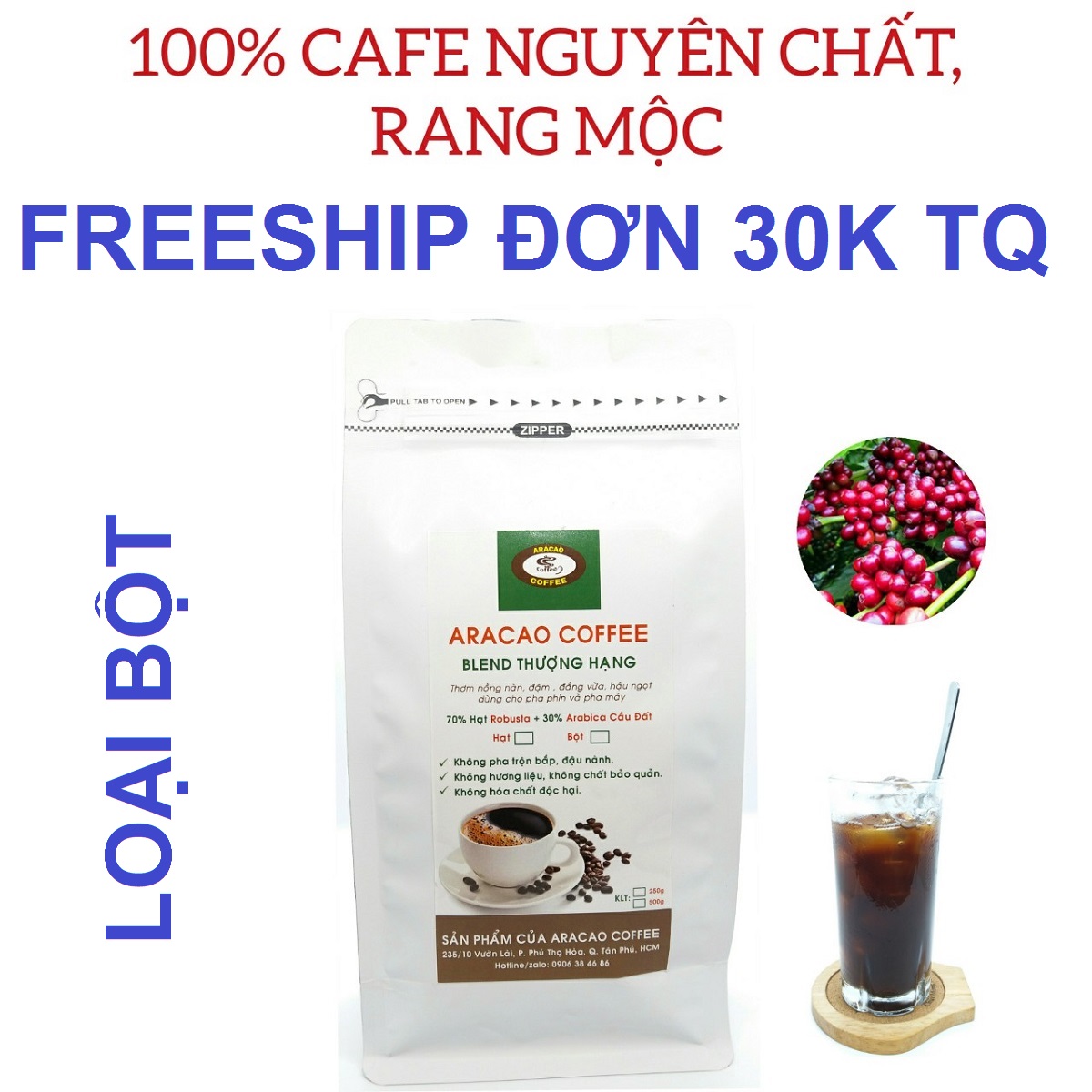 [HCM]Cà phê bột BLEND THƯỢNG HẠNG- ARACAO COFFEE- thơm nồng nàn đậm đà ngọt chua cân bằng [ Gói BỘT 500g]