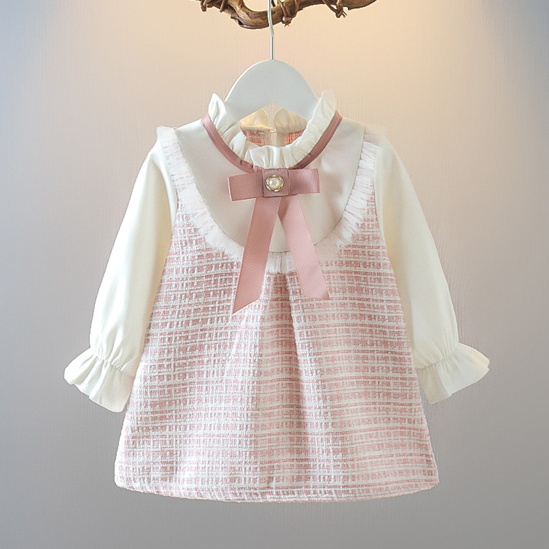 Váy mùa thu cho bé gái váy dài tay vải giả dạ màu hồng cổ tàu xếp li tiểu thư đính nơ 2-5 tuổi