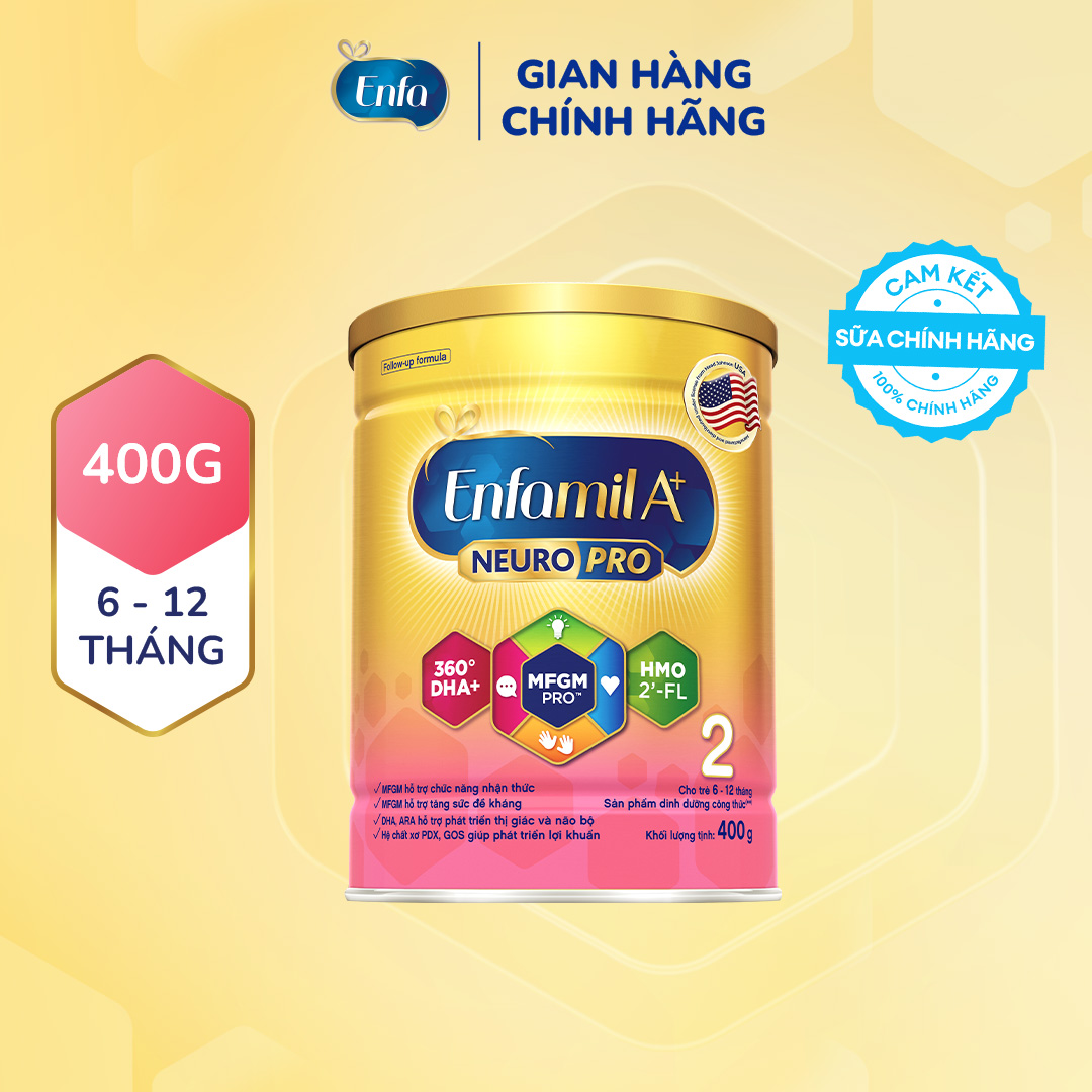 Sữa bột Enfamil A+ NeuroPro 2 Vị thanh mát 2'FL HMO với dưỡng chất DHA  MFGM cho trẻ từ 6 –12 tháng tuổi– 400g