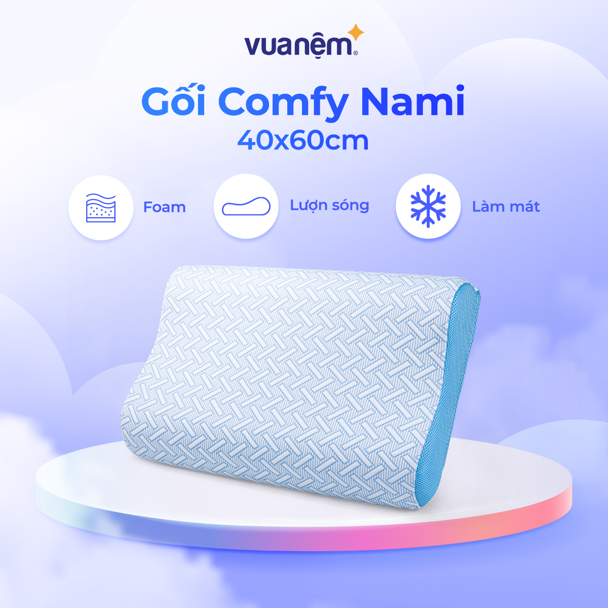 Gối công thái học, gối foam Comfy Nami 40x60cm lượn sóng nâng đỡ mềm mại, làm mát tức thì