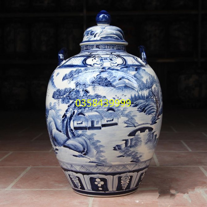 Bình ngâm rượu vẽ sơn thủy đồng quê - men xanh lam - 30 lít