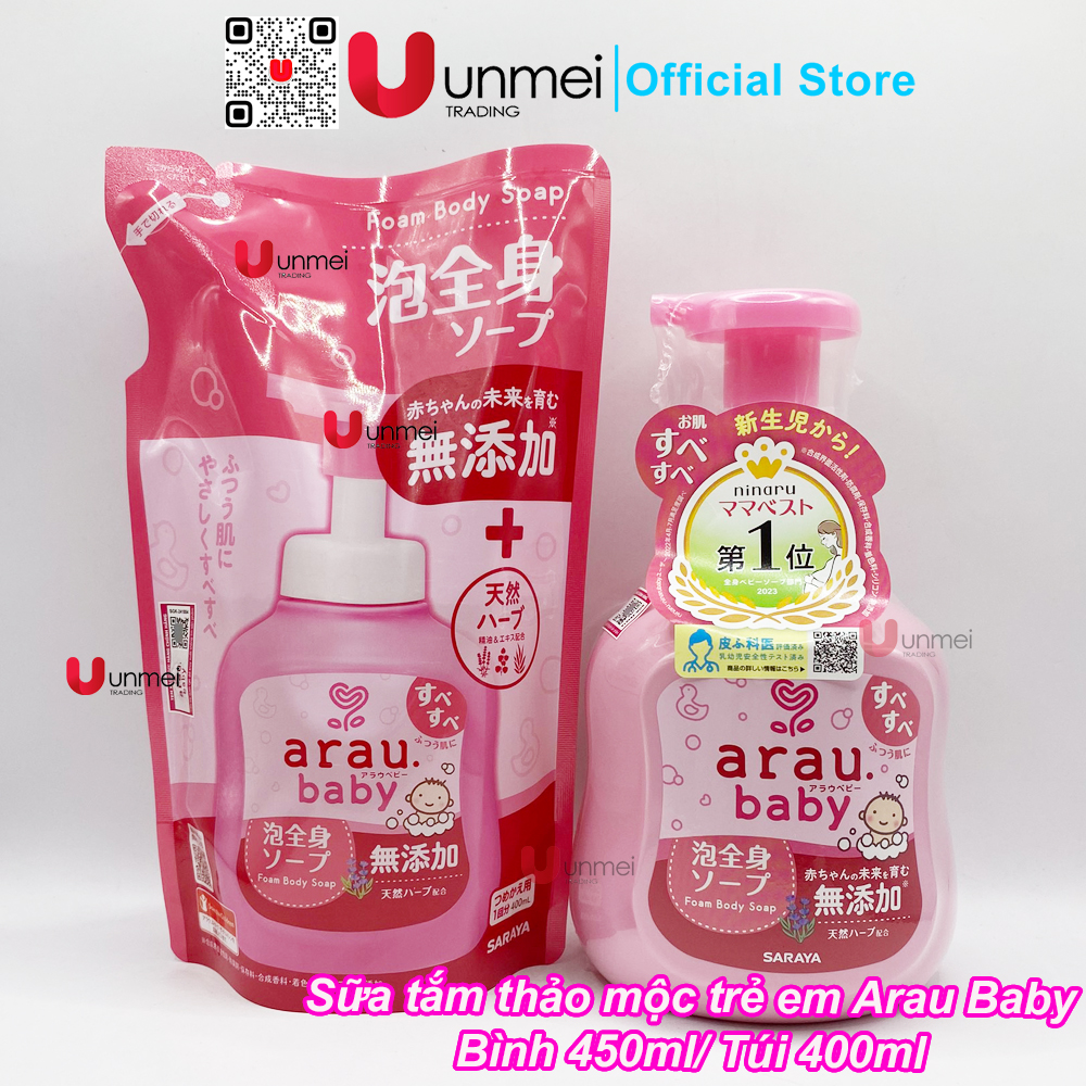 (Mẫu Mới) Sữa Tắm, Gội Thảo Mộc Dạng Bọt Cho Trẻ Em Arau Baby bình 450ml/túi 400ml