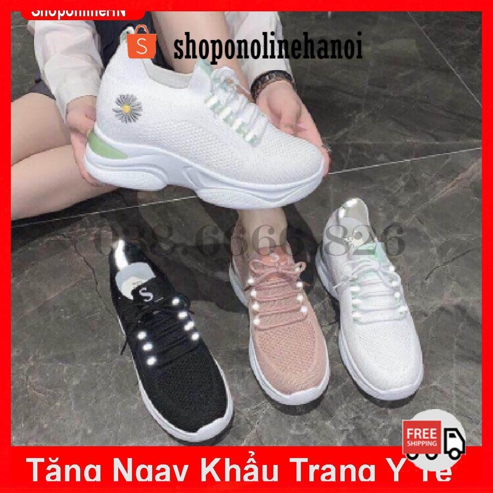 Giày thể thao độn đế nữ 7 cm chất vải lưới thêu hoa cúc phối phản quang cực đẹp