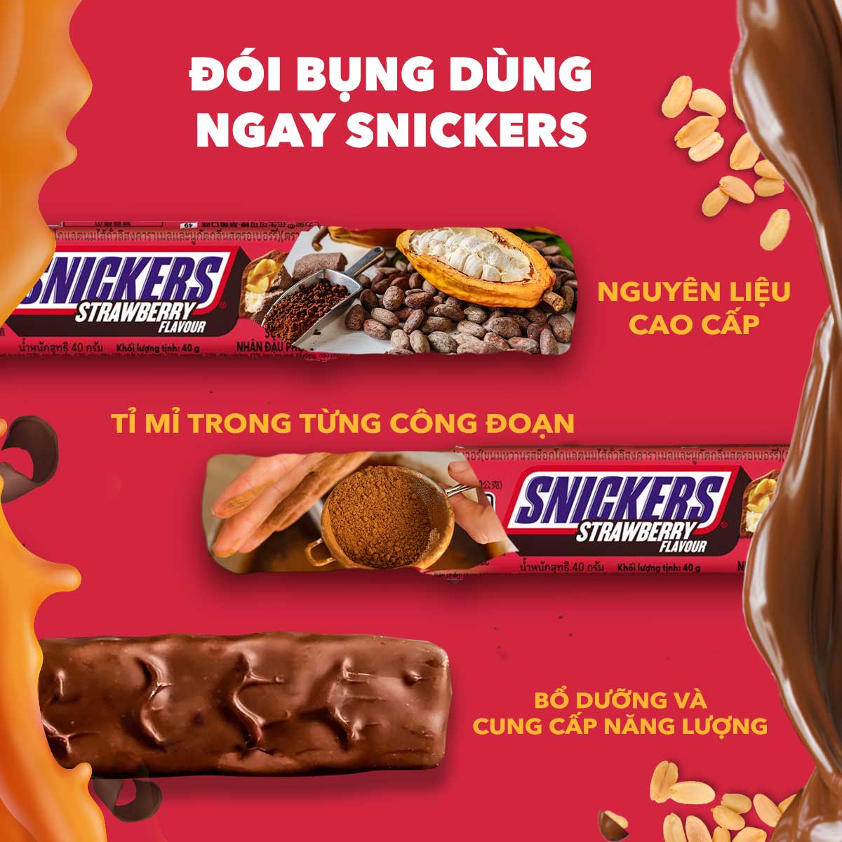 Combo 3 Thanh socola Snickers nhân đậu phộng vị dâu 40g