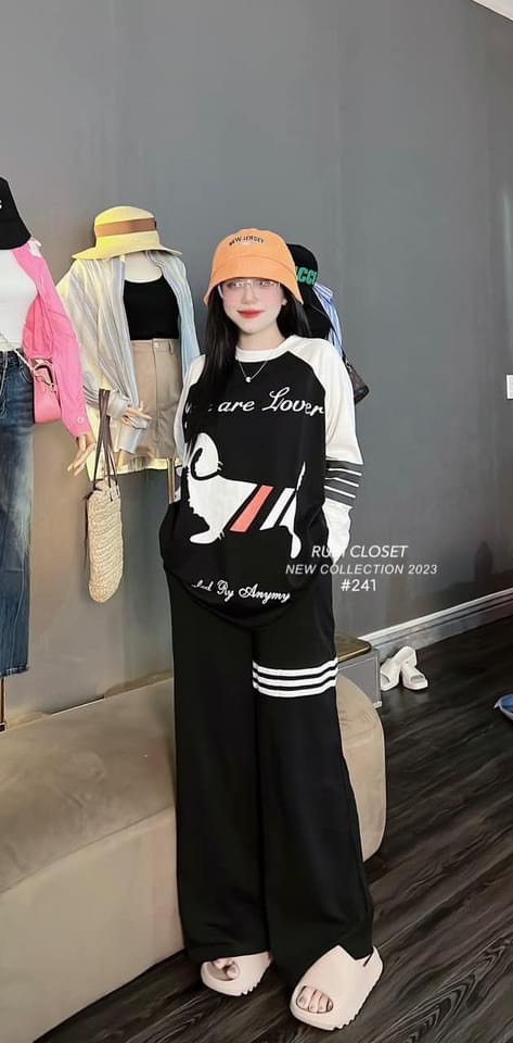 Set Bộ Đồ Nữ Áo Thun Dài Tay Phối Viền Tay Mix Quần Xuông Dài Cotton 40-70kg Mẫu SETTHOMECHOQDAI. TP312