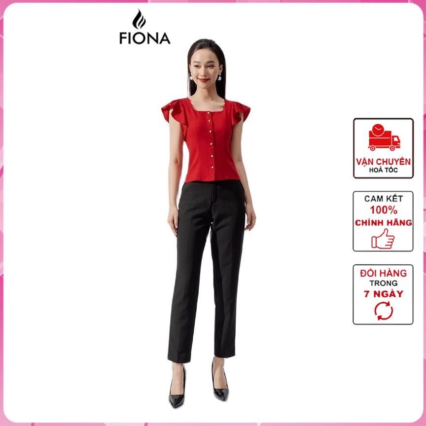 Áo sơ mi croptop, cổ vuông, tay bèo, mở cúc fiona f550332
