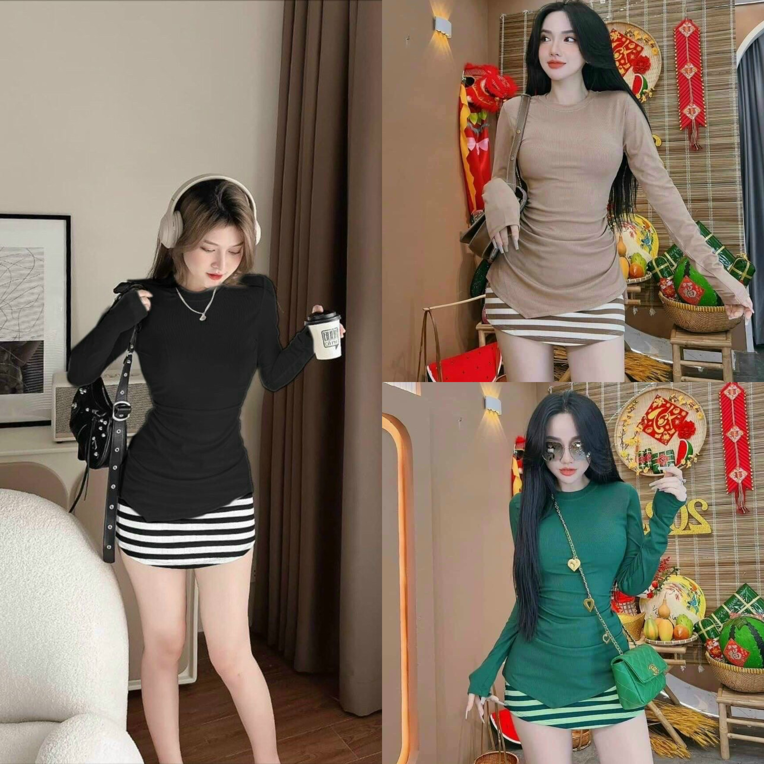 Set váy thun gân áo dài tay mix chân váy kẻ sọc siêu năng động