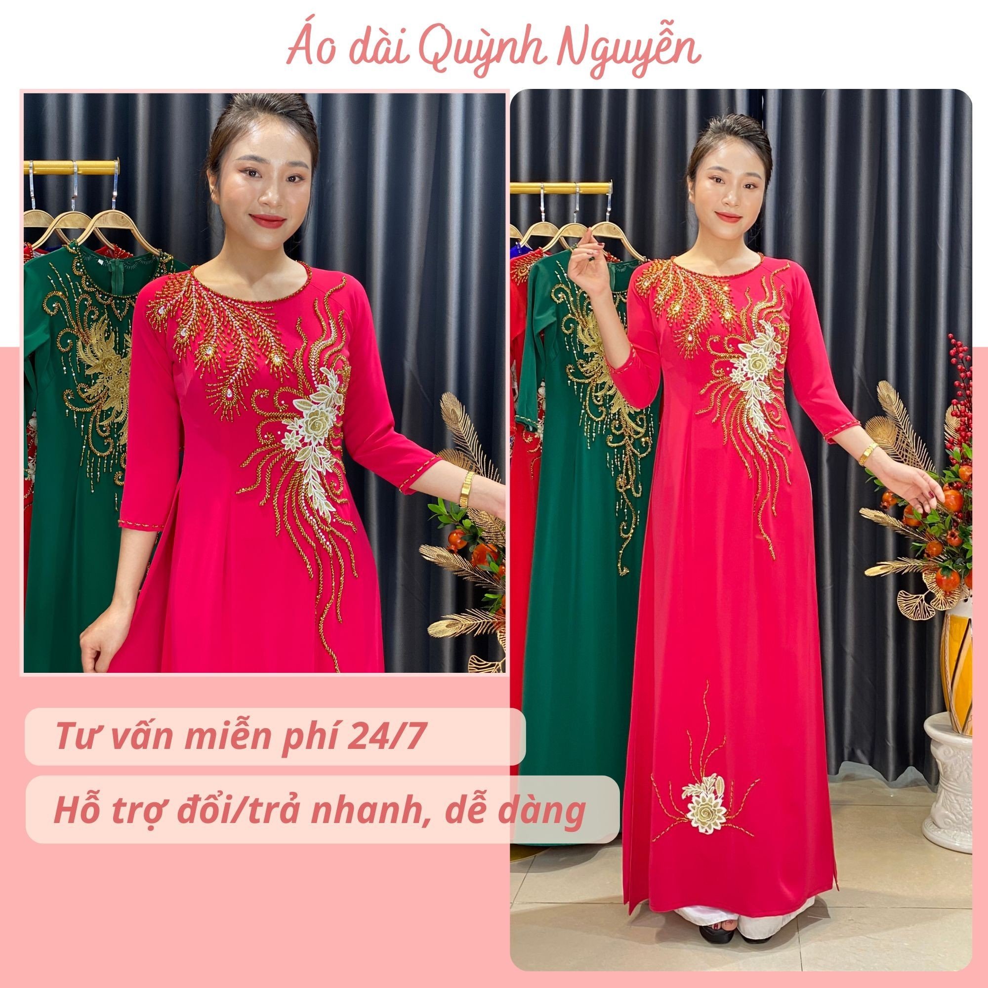 Áo dài nữ, áo dài truyền thống lụa mỹ kết đá thủ công tỉ mỉ MÃ D57