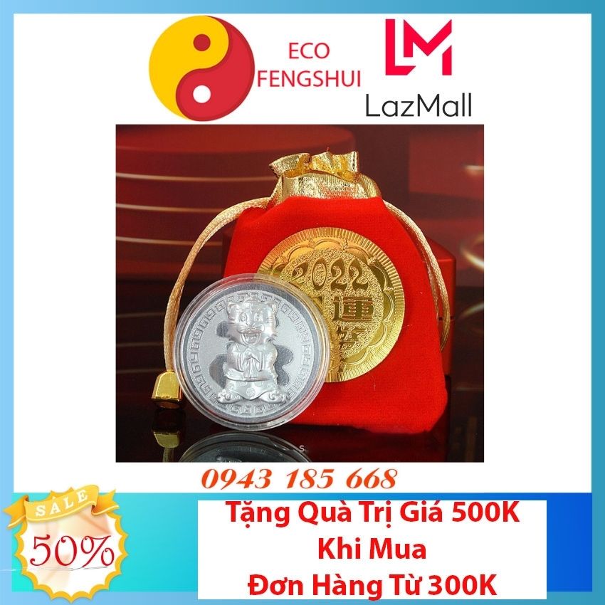 Đồng Xu May Mắn Cọp Vàng Đồng Xu Tài Lộc  Năm Nhâm Dần 2022 Đồng Vàng Vượng Tài Vượng Phúc Tặng Kèm Túi Gấm - Eco Fengshui