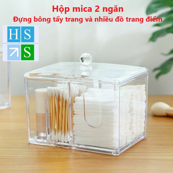 Hộp đựng đồ trang điểm mica trong suốt 2 ngăn đựng bông tấy trang , tăm bông...có nắp đậy , sang trọng
