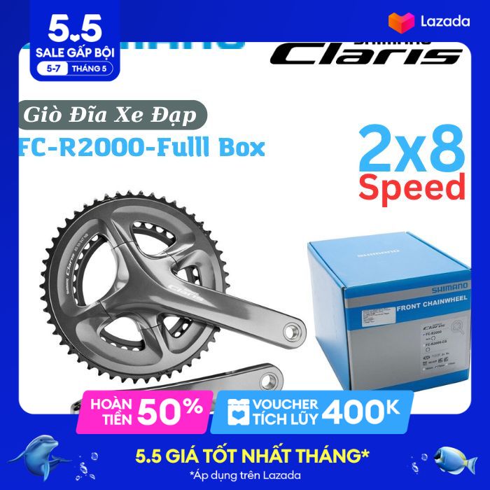 Đùi/giò đĩa xe đạp shimano claris fc- r2000 2x8 tốc độ 50-34t 170 mm dành cho xe road