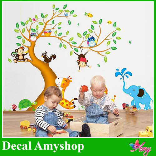 Decal dán tường vườn thú uyển chuyển trang trí phòng bé yêu với các hình động vật - msp db041 - pvc vinyl