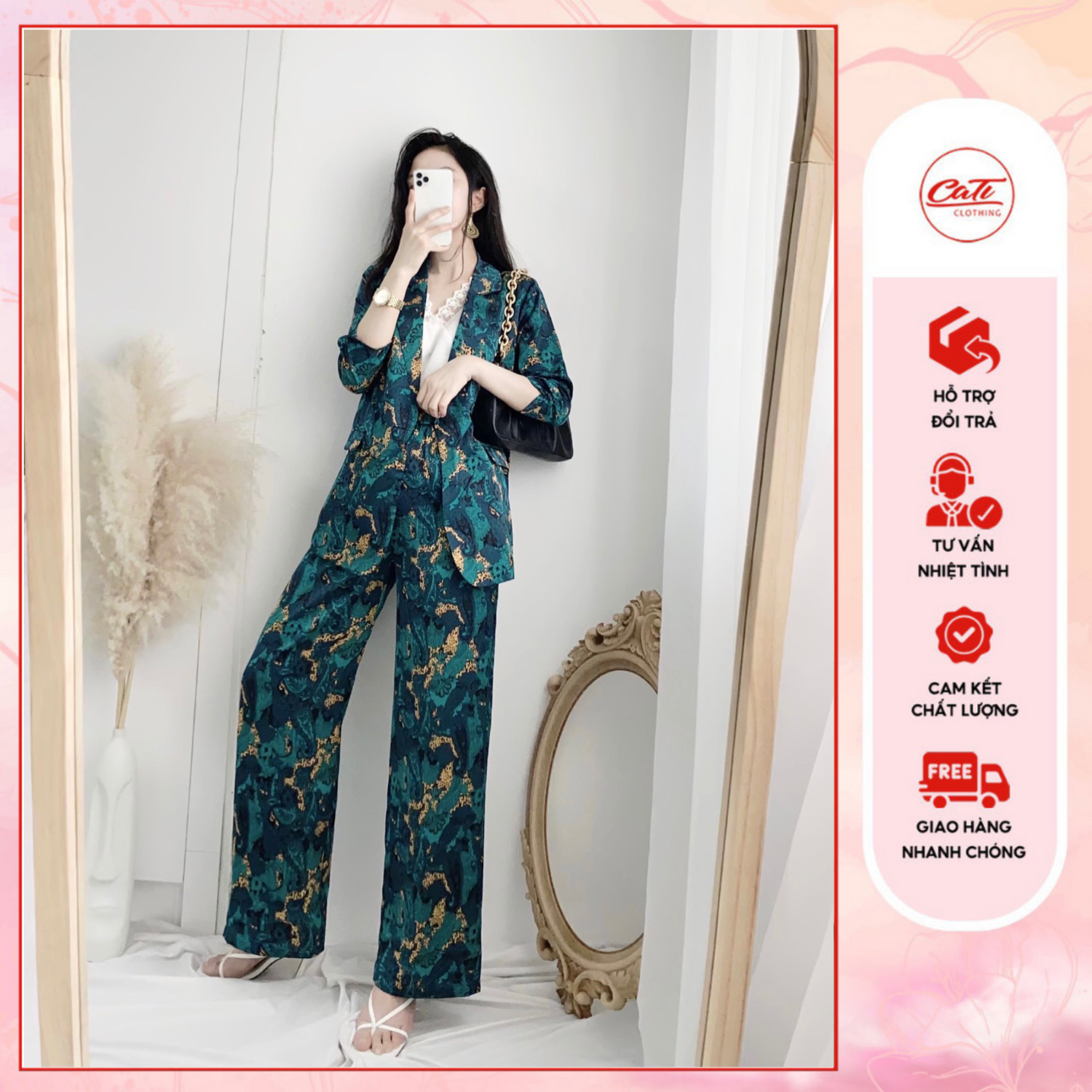CATI Set vest xanh lụa satin chanh xả siêu đẹp