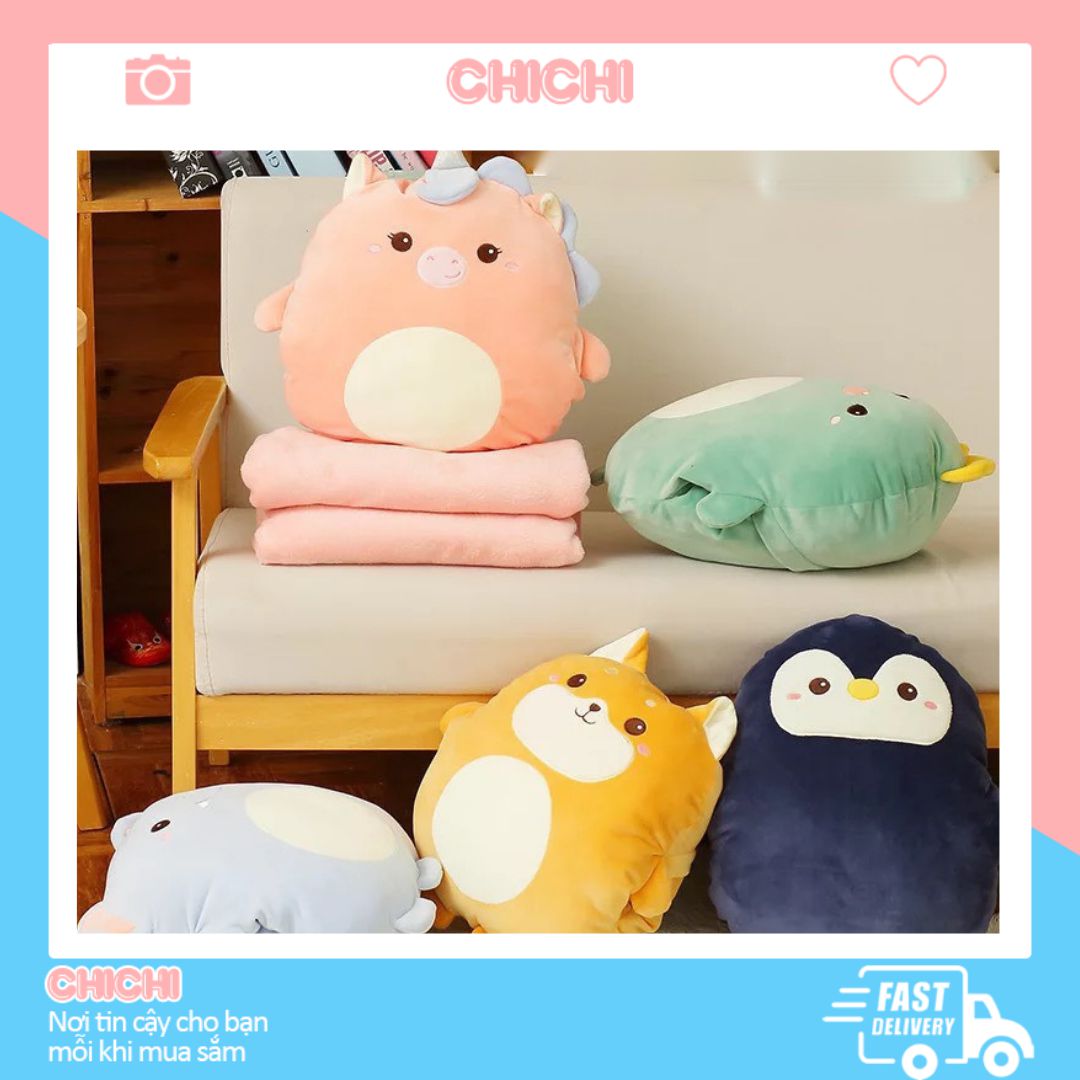 [HCM]Chăn gối văn phòng 3 trong 1 hình thú siêu cute size 42cm x 35cm gấu bông có mền chất liệu nỉ nhung siêu mềm mịn GM037-Chichi