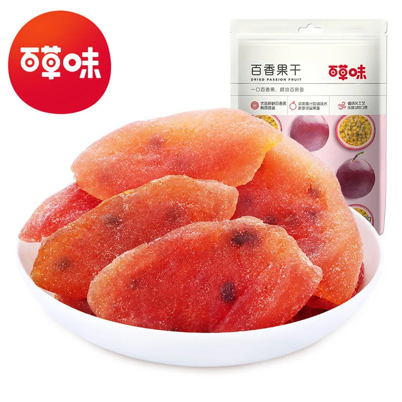 2026 New Products Herb Flavor Dried Passion Fruit 100g Gauge 70 Packs Preserved Fruit Candied Fruit Sweet Sour Dried Fruit Office Snacks Snacks20260415 百草味 百香果干100g箱规70包装果脯蜜饯酸甜水果干办公小吃零食