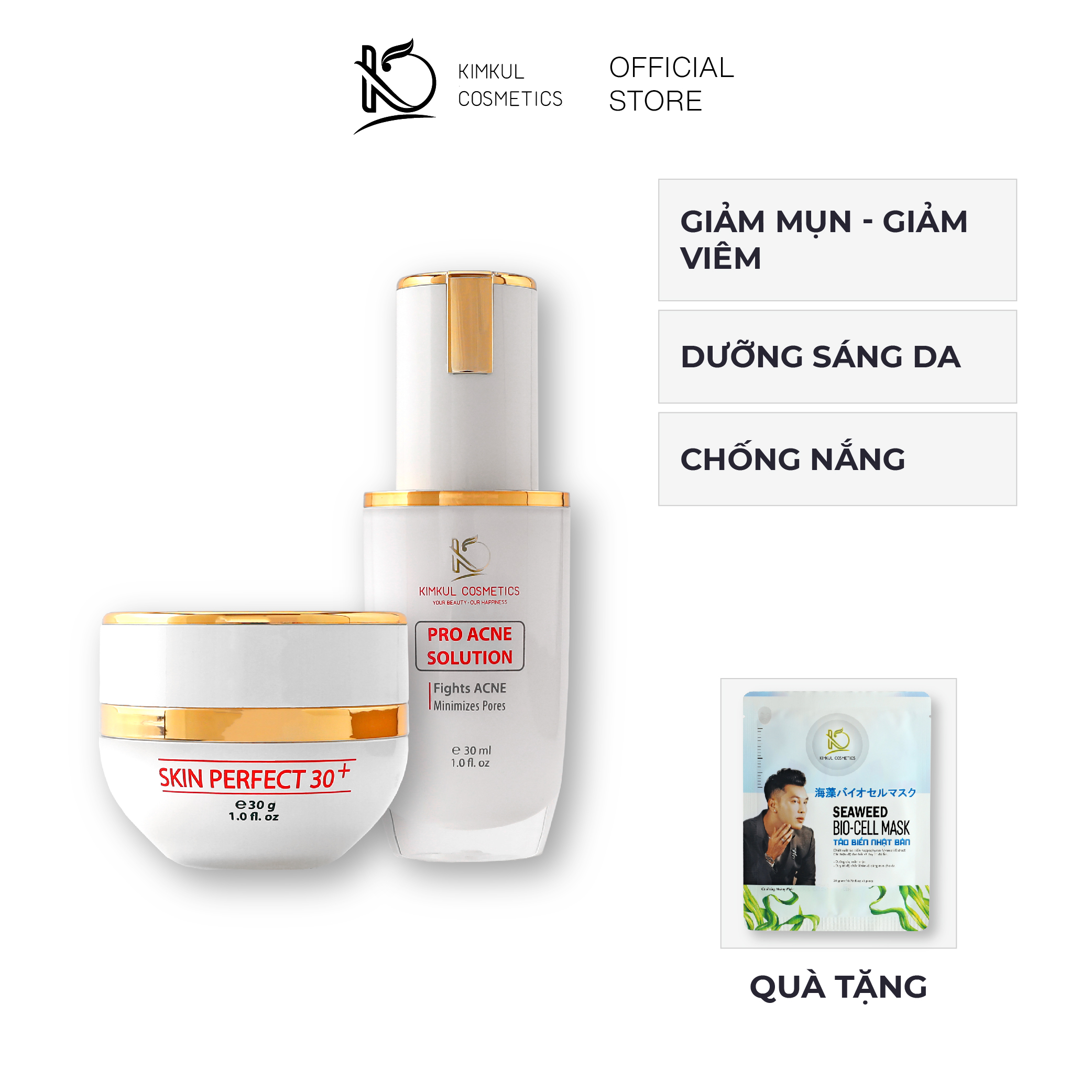 Combo ngừa mụn KimKul gồm Serum Pro Acne Solution 30ML + Cream Skin Perfect 30G - Bộ Serum và Kem xóa mụn thâm sẹo rỗ hiệu quả