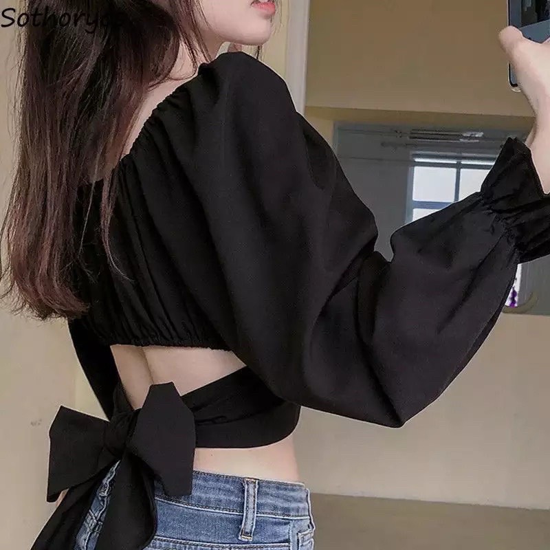 Áo hở lưng nơ tay phồng mùa hè áo Croptop cổ vuông xếp li thời trang