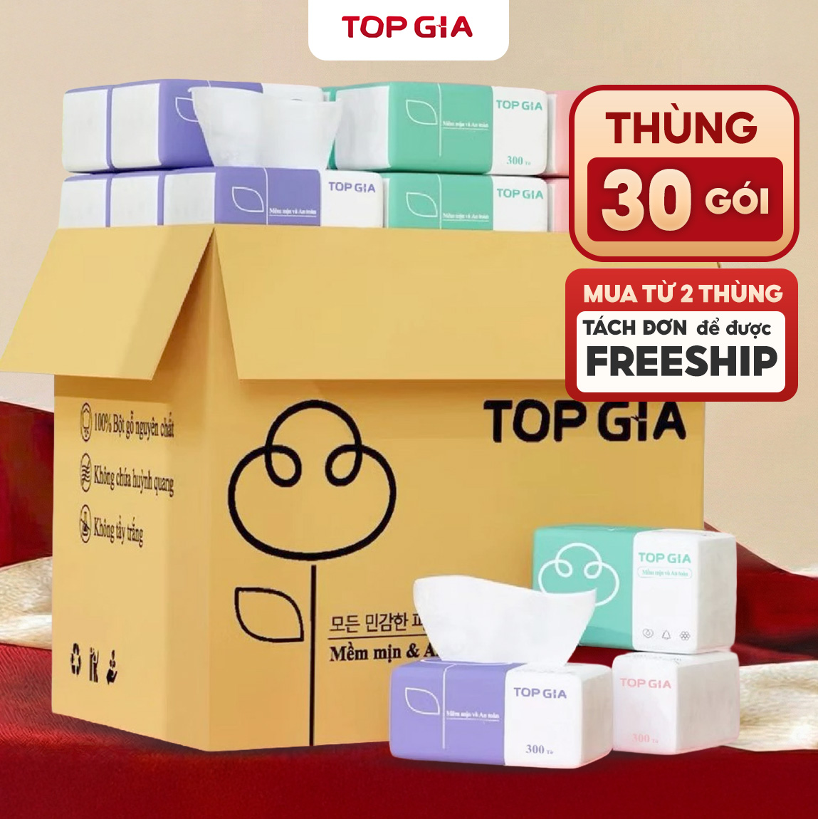 Tissue Paper in a Box of 30 Packs, Top Gia Premium Tissue Paper with 4 Thick Layers, Safe for All Skin Types