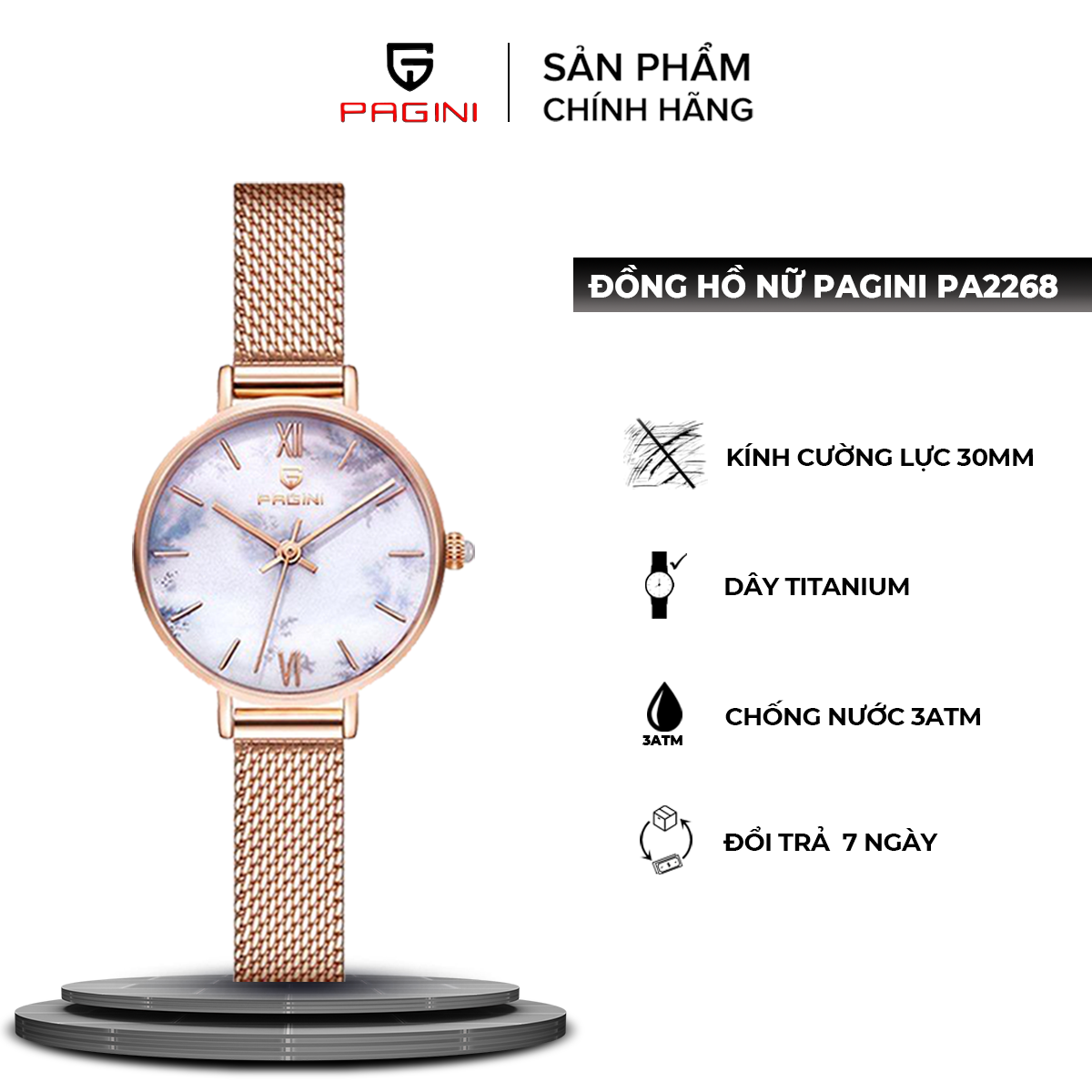 Đồng Hồ Nữ Thương Hiệu Pagini PA2268 Mặt Tròn Chống Nước 3ATM – Dây Titanium – Thiết Kế Nhẹ Nhàng Tinh Tế