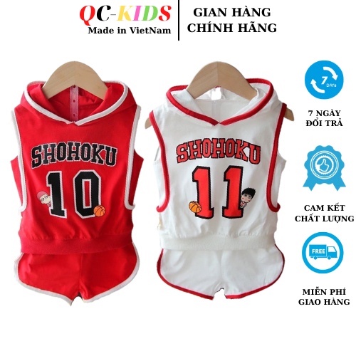 Bộ quần áo ba lỗ trẻ em shohoku có mũ chất cotton cho bé trai và gái 8-18kg