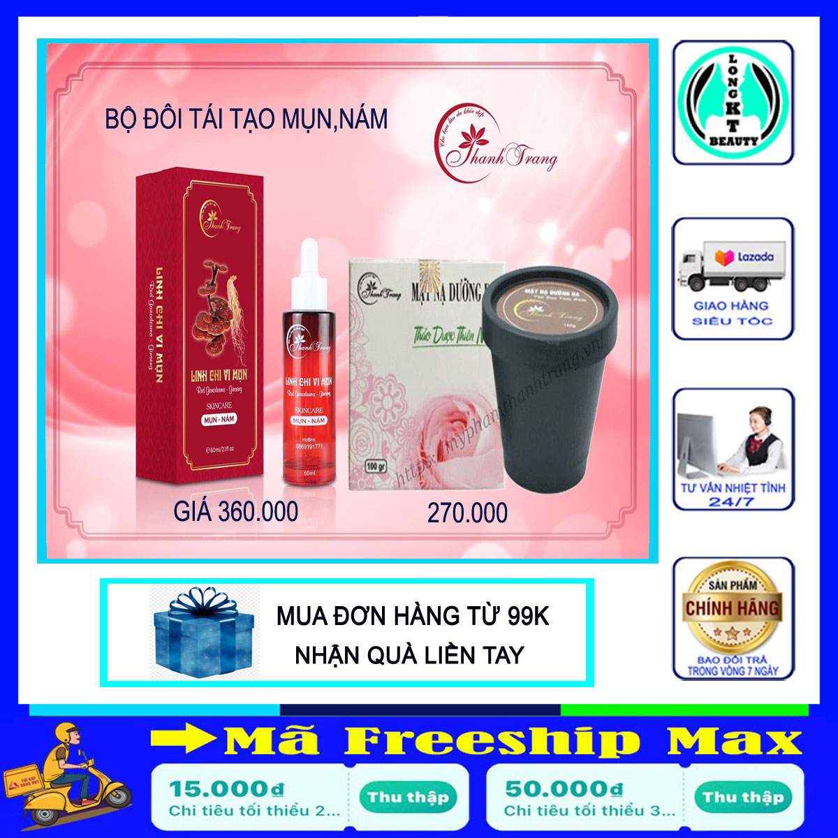 Bộ sản phẩm mụn -nám linh chi vi mụn - serum tái tạo da thảo dược mỹ phẩm thanh trang 60ml