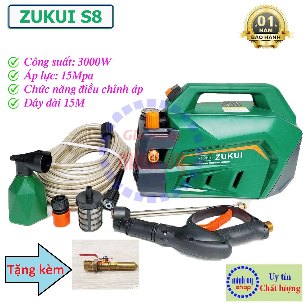 Máy rửa xe chỉnh áp zukui s8 - 3000w mode 2022- rửa máy lạnh -tặng kèm béc rửa máy lạnh