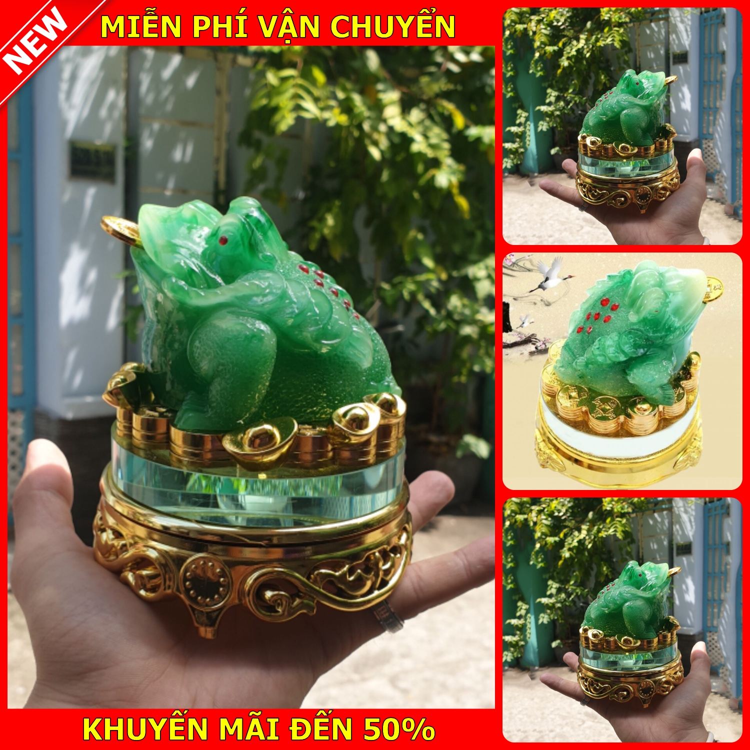 Tượng cóc xanh ngậm tiền vàng chiêu giữ tài lộc màu xanh ngọc cao 12cm xoay được