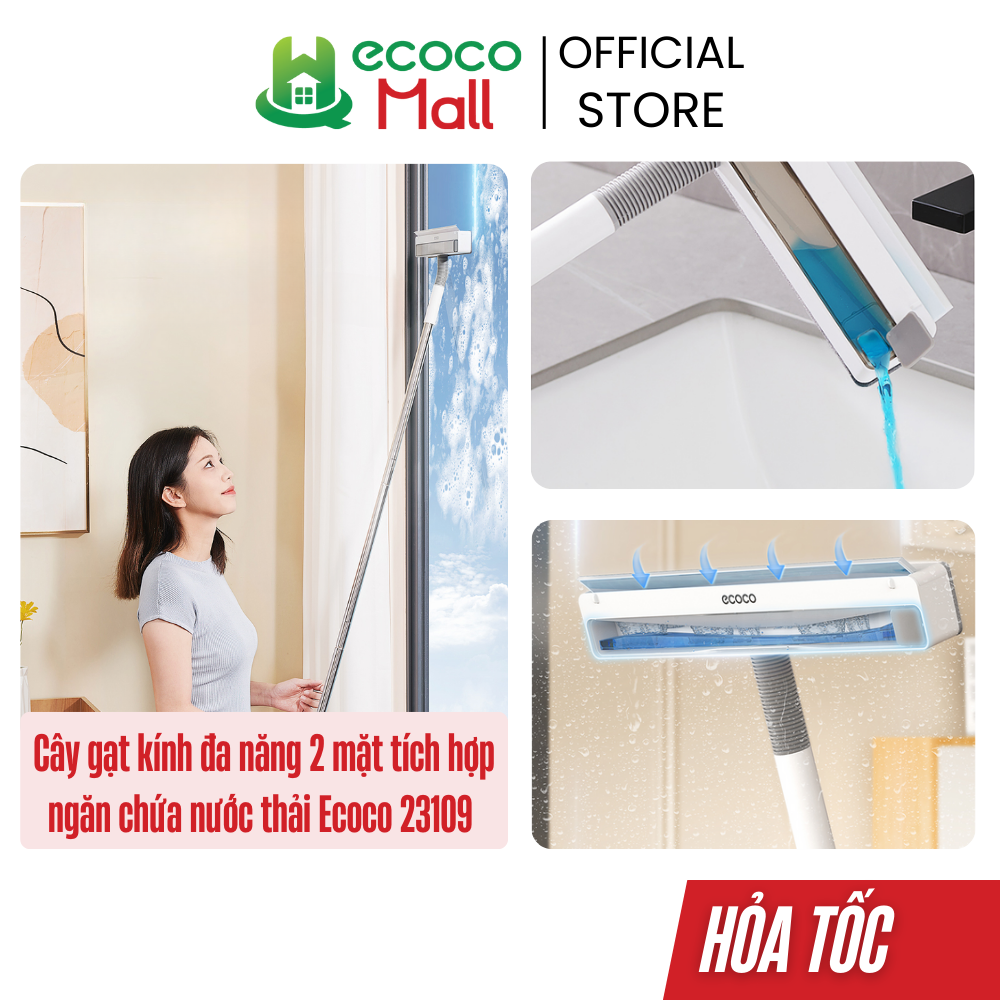  Cây gạt kính đa năng ECOCO - Chổi lau kèm bông tích hợp ngăn chứa nước thải thông minh thế hệ mới cán inox xoay 90 độ 