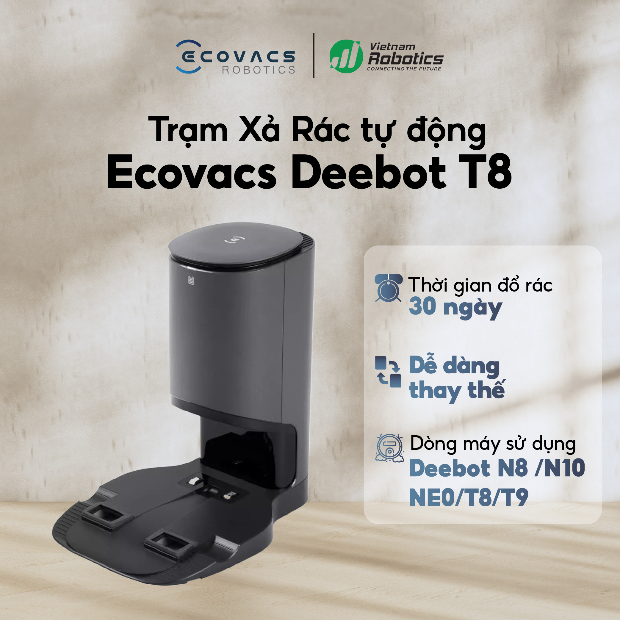 Dock Sạc Hút Rác Tự Động Cho Robot ECOVACS Deebot T9 / T8/ T8 Aivi/ N8/ N8 Pro - Bản Quốc tế - Bảo hành 24 tháng