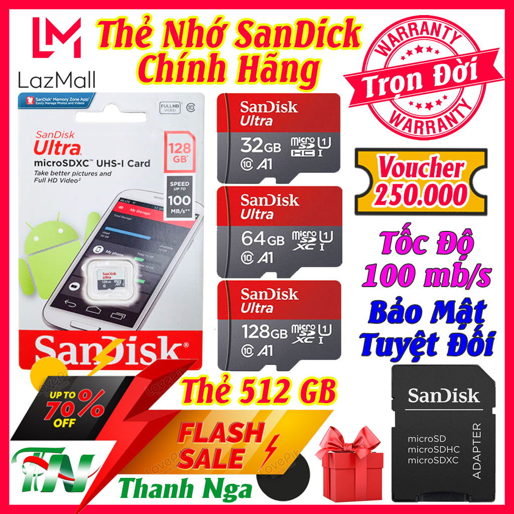 Thẻ Nhớ SANDISK 512GB/256GB/128GB/64GB/32GB Tốc Độ Cao Class 10 Chuyên Dụng Cho Camera Wifi Camera Hành Trình Điện Thoại Thiết Bị Điện Tử