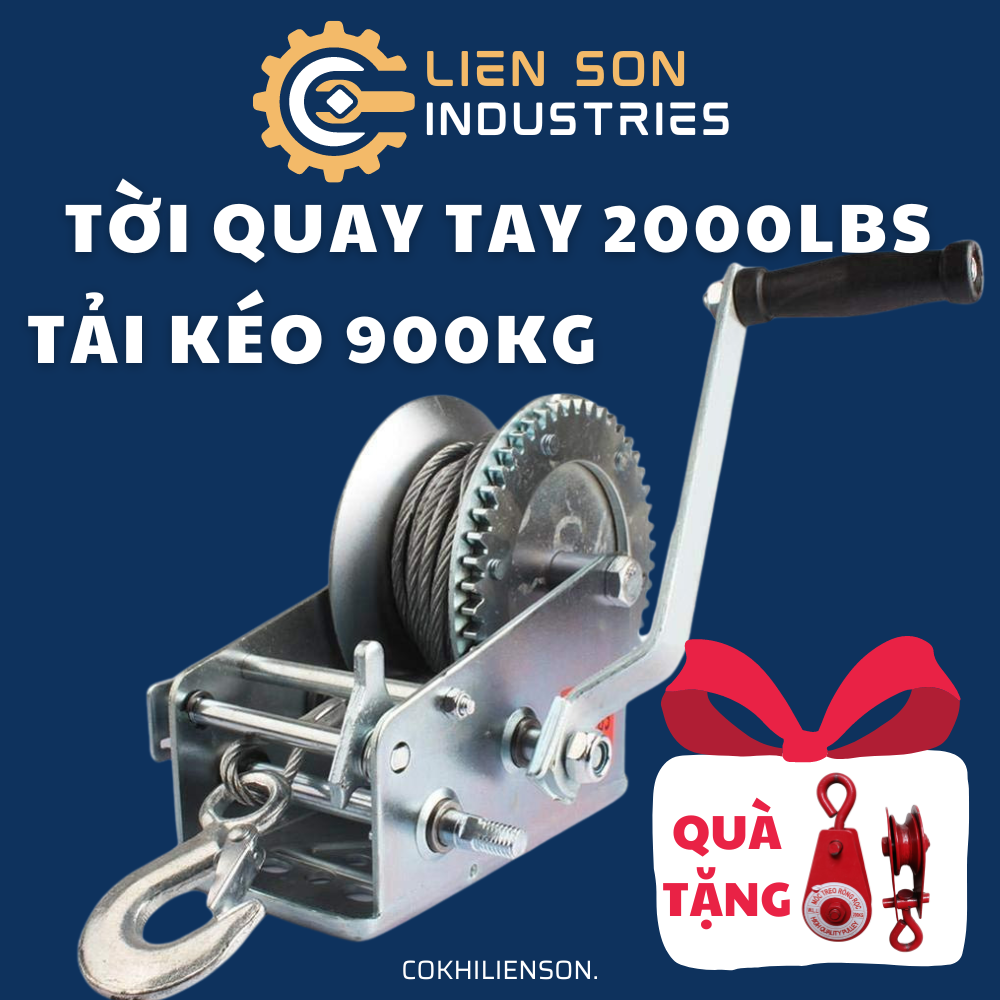 Tời quay tay 2000 LBS tải trọng 900Kg có cáp móc 6 mét tải nâng an toàn 350kg - Tời quay tay 1000LBS tải 450kg cáp móc 6 mét  với tải nâng an toàn 200kg - Tời kéo tay giá sỉ tại Cơ Khí Liên Sơn
